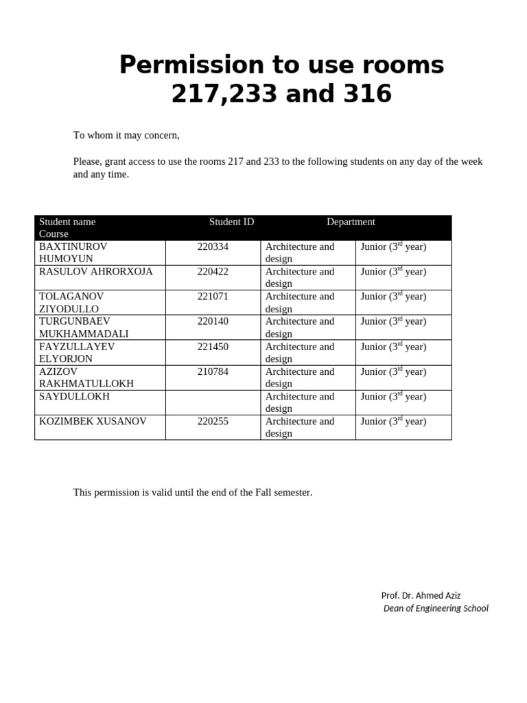 Room Access Permission for Architecture Students | PDF