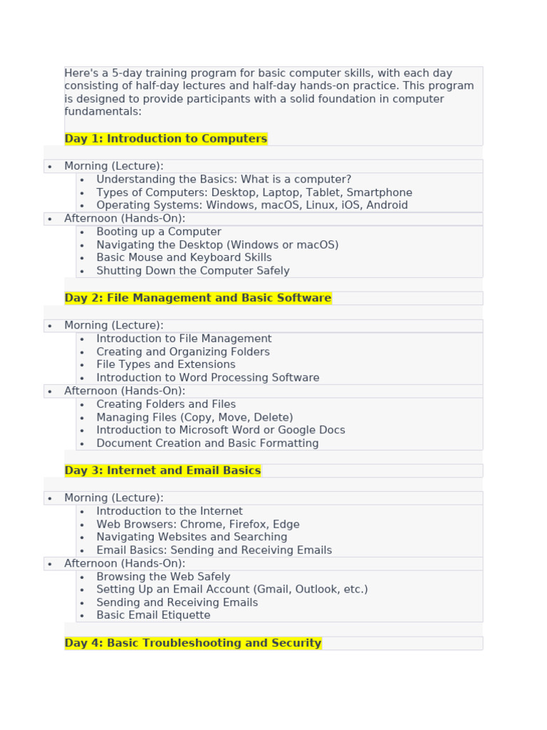 5-Day Basic Computer Skills Training | PDF | Software Engineering ...