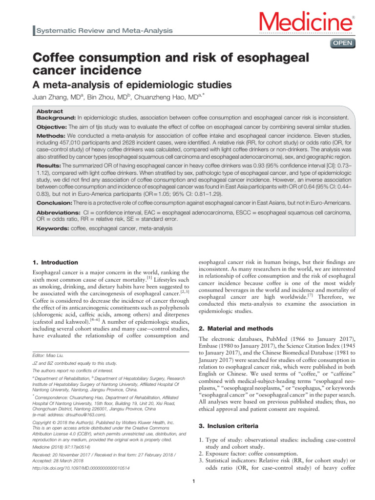 Coffee Consumption and Risk of Esophageal Cancer.51 | PDF | Esophageal ...