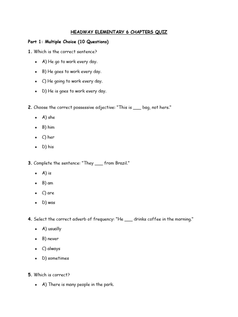 Headway Elementary 6 Chapters Quiz - 241028 - 093241 | PDF