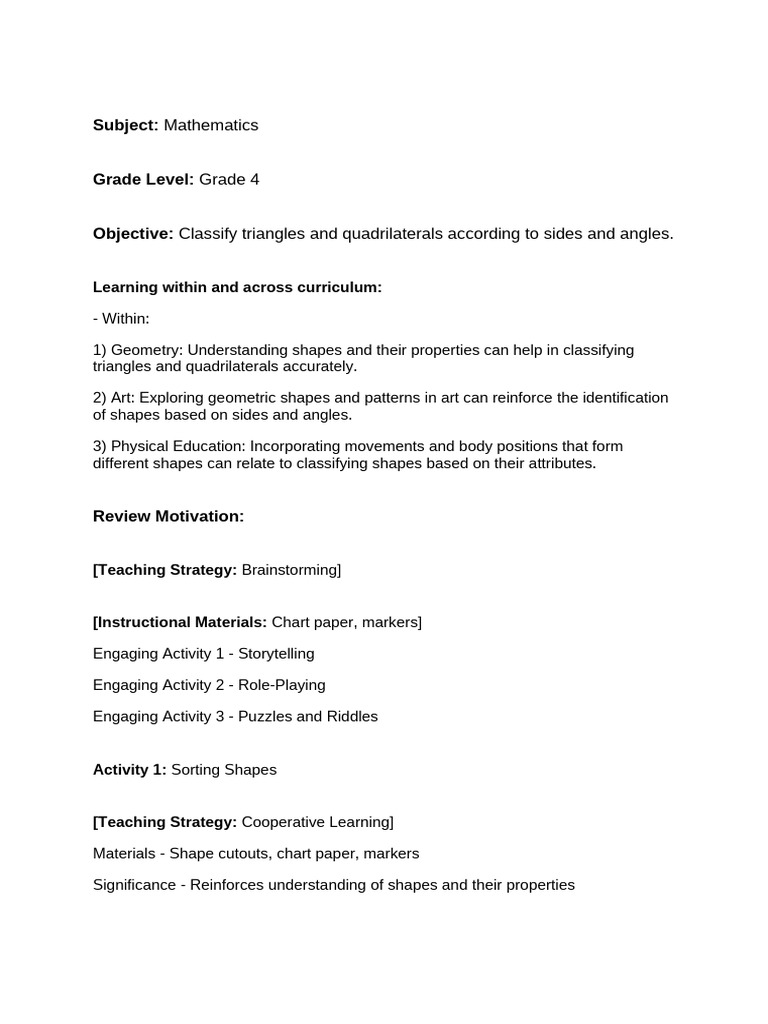 Lesson Plan On ANgles and Quadrilaterals 4 | PDF | Shape | Triangle