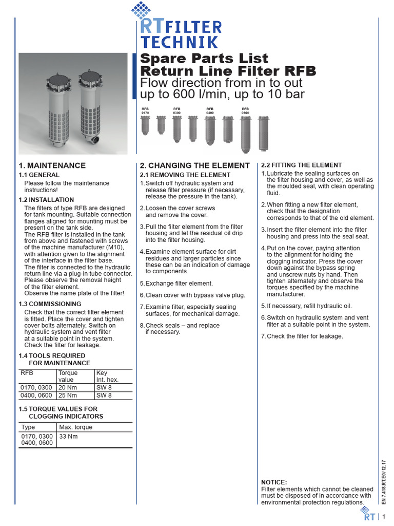 RFB Return Line Filter Maintenance Guide | PDF | Mechanical Engineering