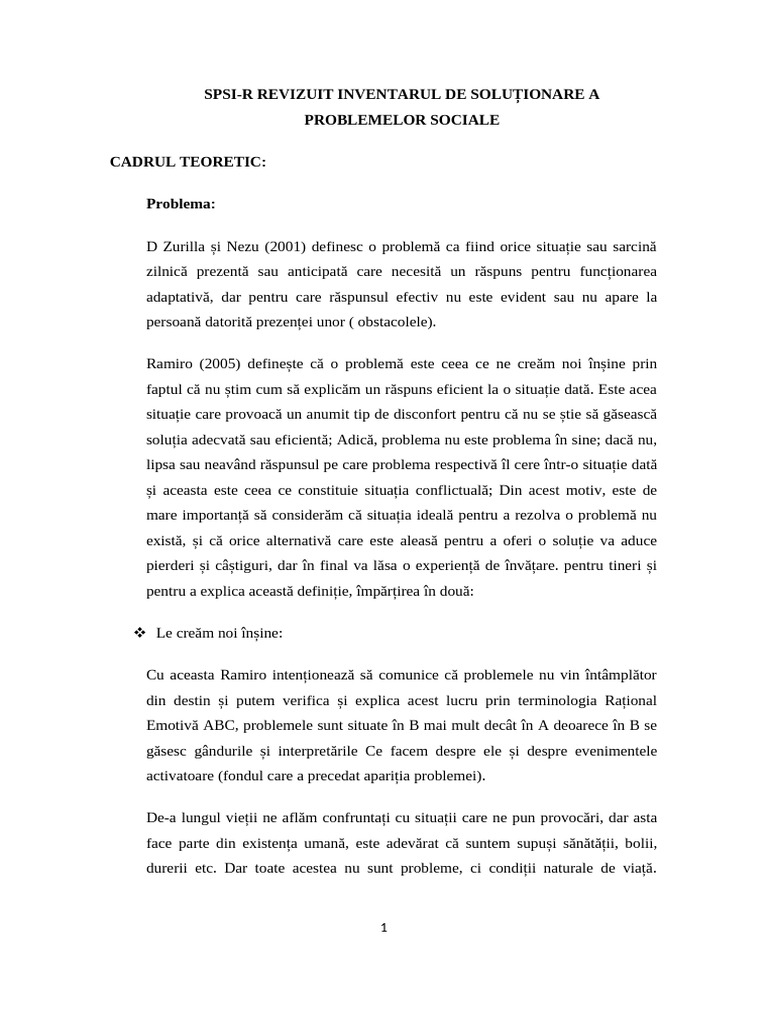 Inventar de Soluții Pentru Probleme Sociale - SPSI-R | PDF