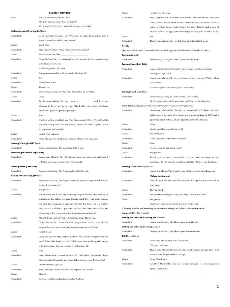 Russian Service and American Service Script | PDF | Desserts | Coffee