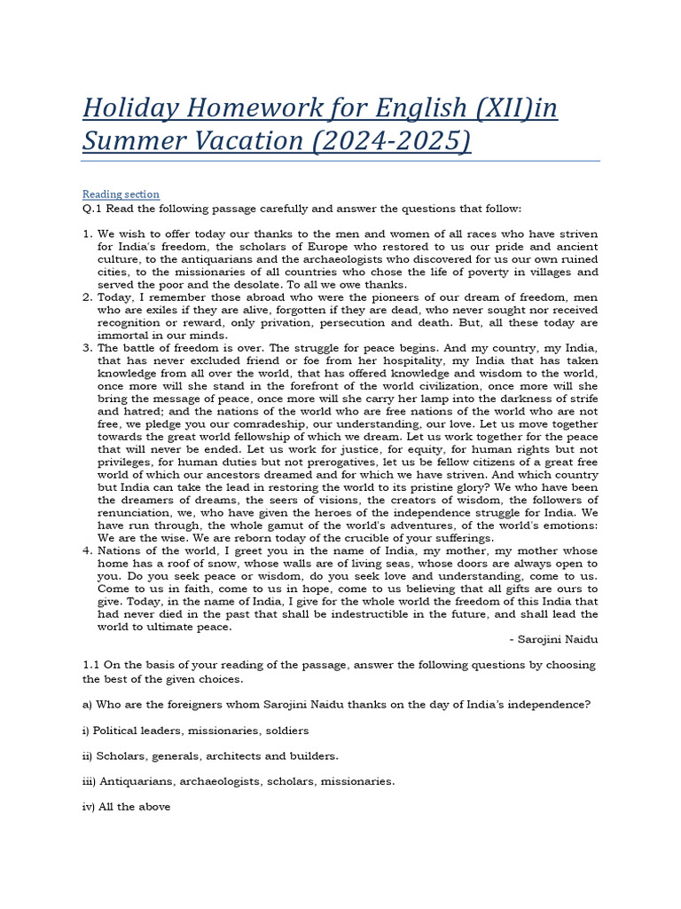 Holiday homework of English for summer vacation_compressed | PDF
