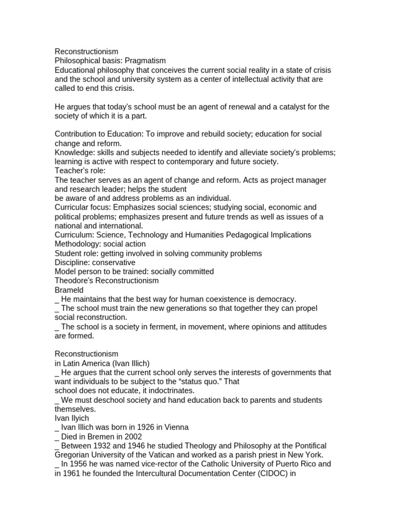 Reconstructionism in Education Explained | PDF | Curriculum ...