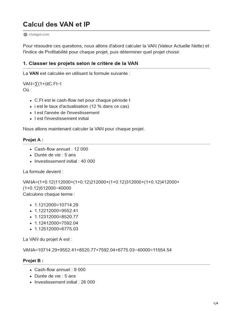 Calcul VAN et IP des projets | PDF | Valeur actuelle nette | Investir
