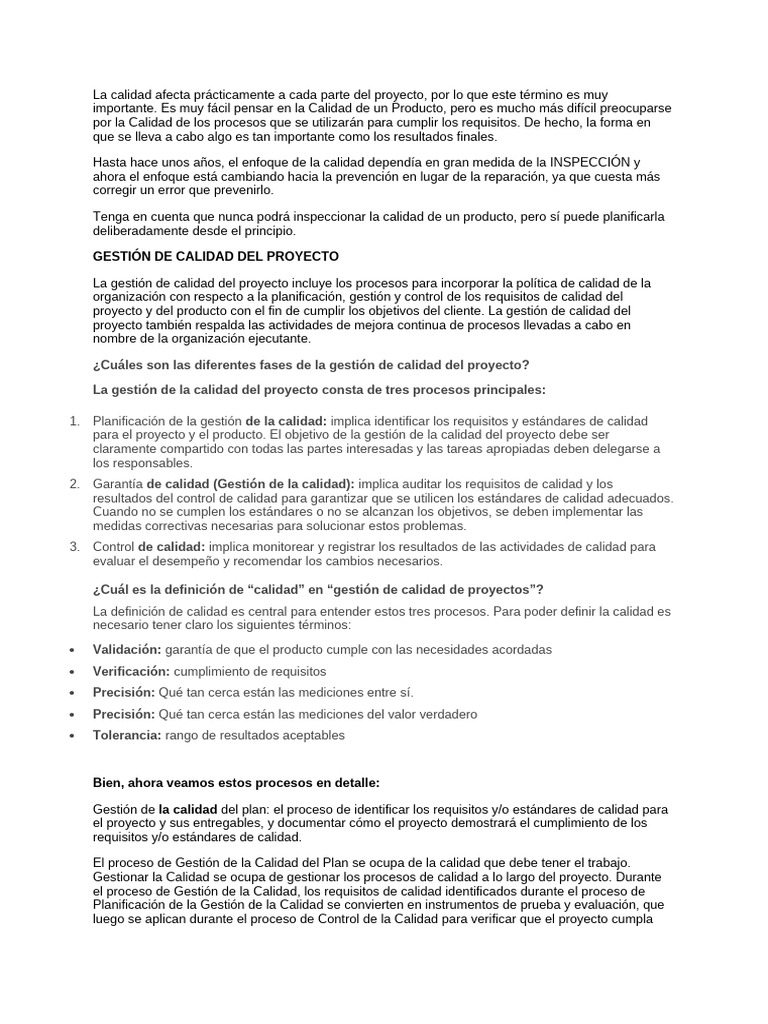 Gestión de La Calidad Del Proyecto | PDF | Calidad (comercial ...