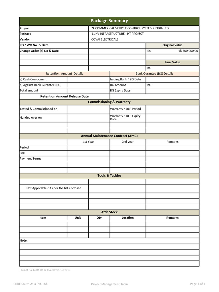 G004-Handing Over Package Summary Format | PDF