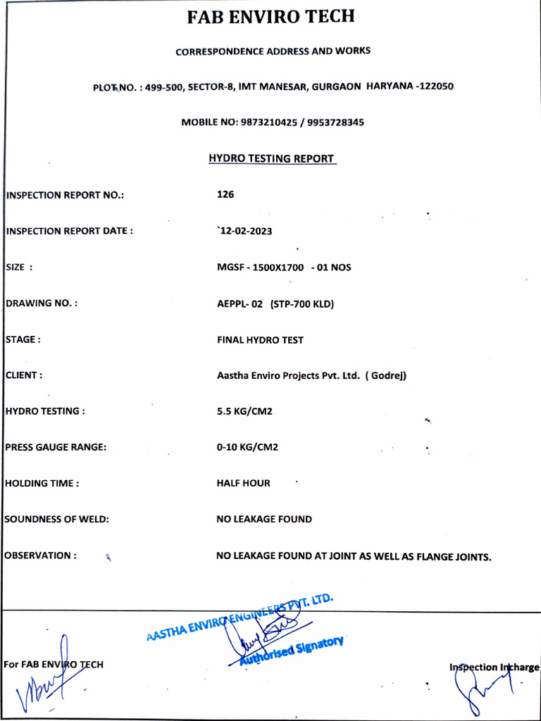 Hydro Testing Inspection Report 2023 | PDF