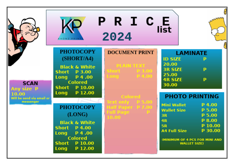 2024 Photocopy and Print Price List | PDF