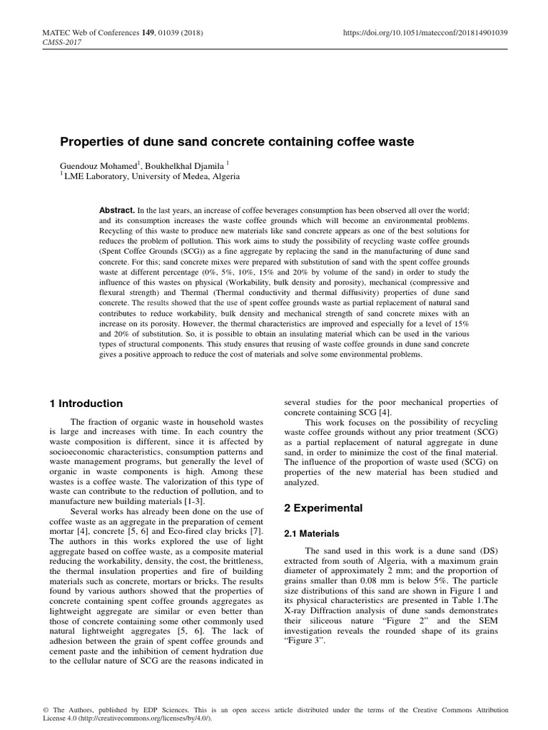 Properties of Dune Sand Concrete Containing Coffee | PDF | Concrete | Waste