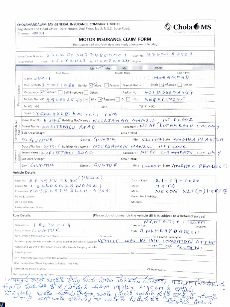Cholamandalam Motor Claim Form | PDF | Transport