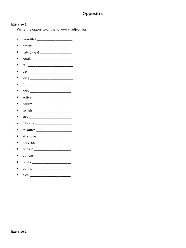 Opposite Adjectives Exercise Guide | PDF