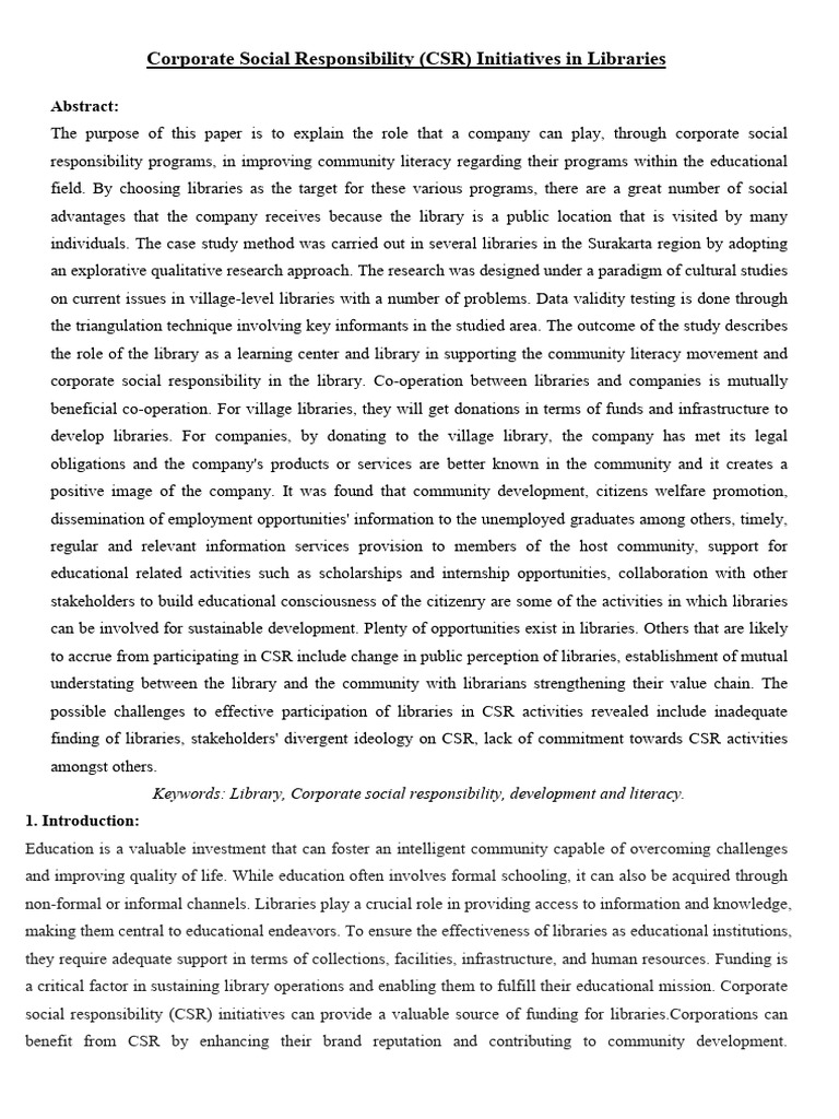 CSR Initiatives Enhancing Library Literacy | PDF | Corporate Social ...