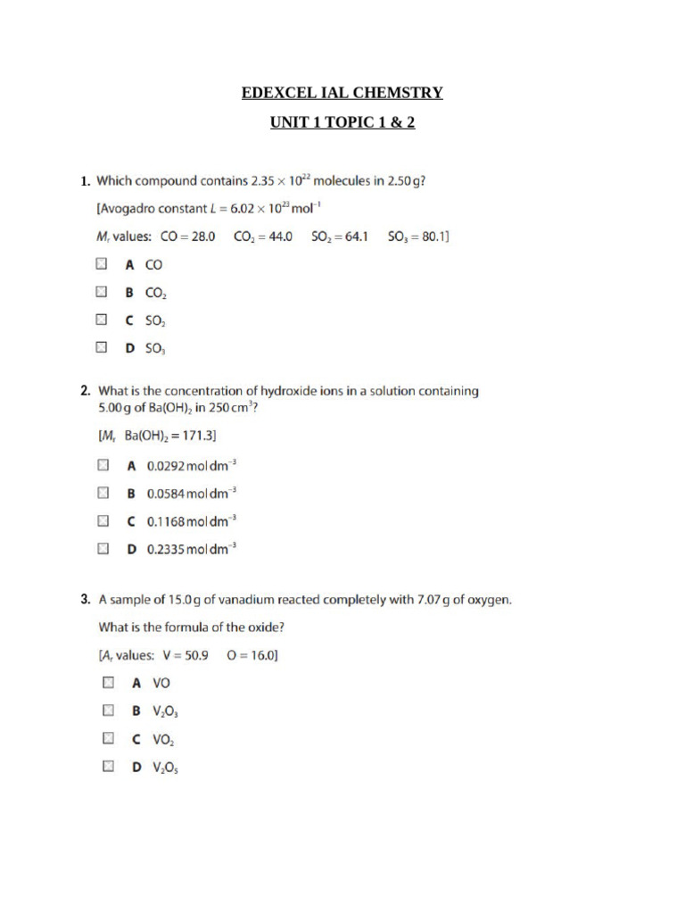 Edexcel Ial Chemstry Unit 1 | PDF