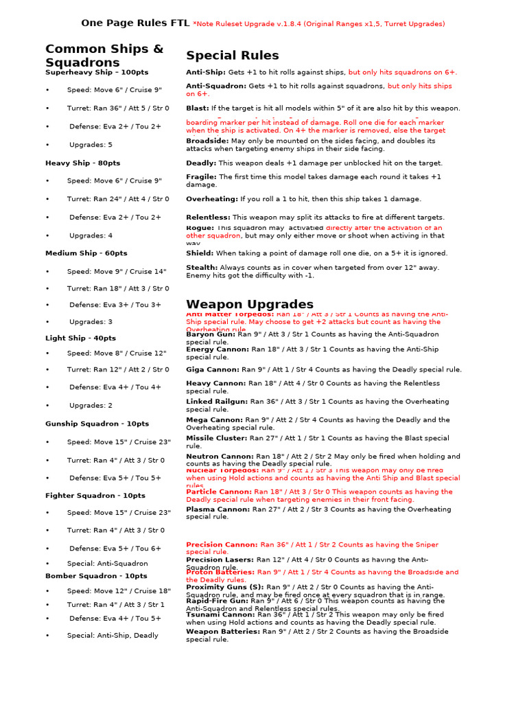 FTL One Page Rules v1.8.4 Overview | PDF | Naval Artillery | Gun Turret