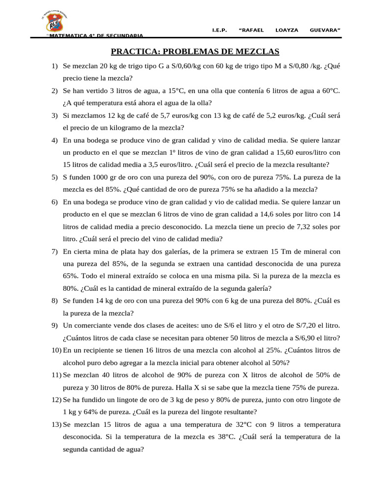 Problemas de Mezclas en Matemáticas 4° Secundaria | PDF | Litro