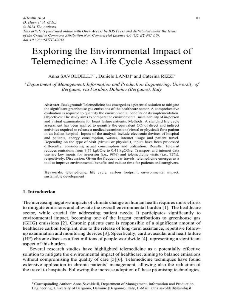 Exploring The Environmental Impact of Telemedicine A Life Cycle ...