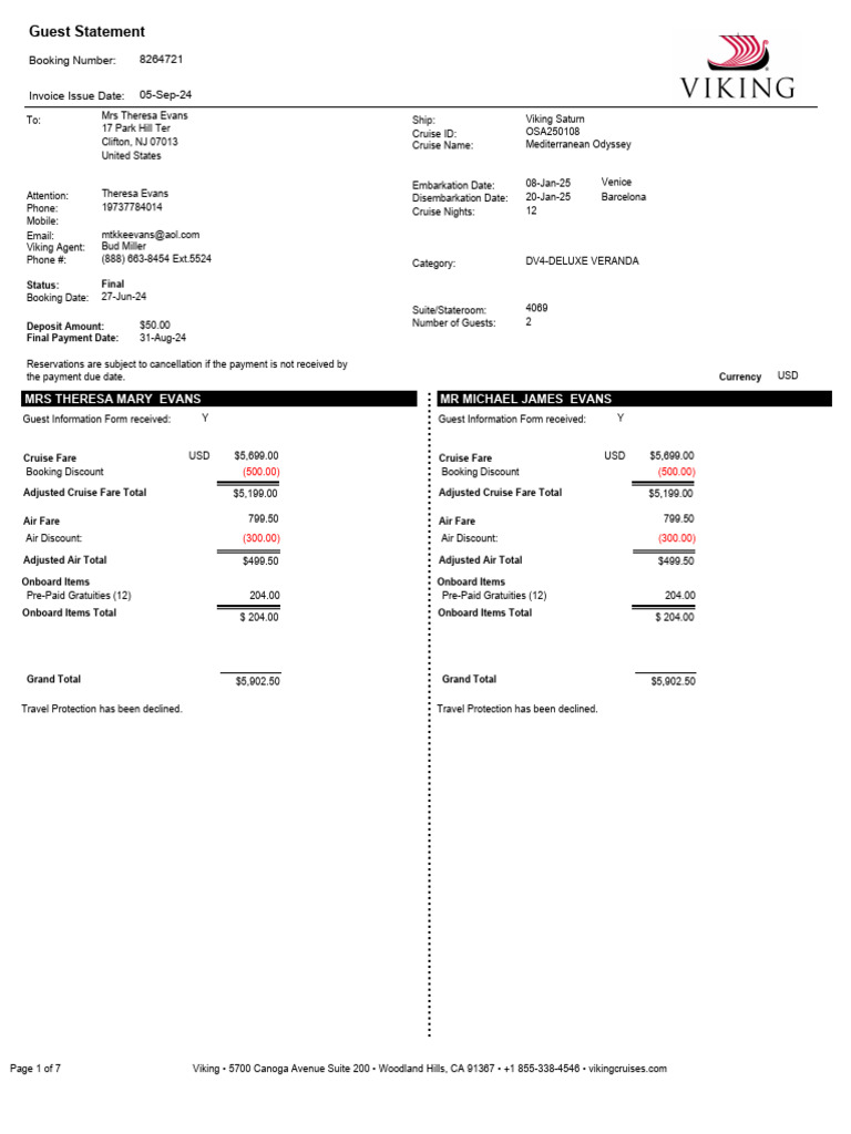 Viking Cruise Invoice for Evans Family | PDF | Travel Visa | Business Class