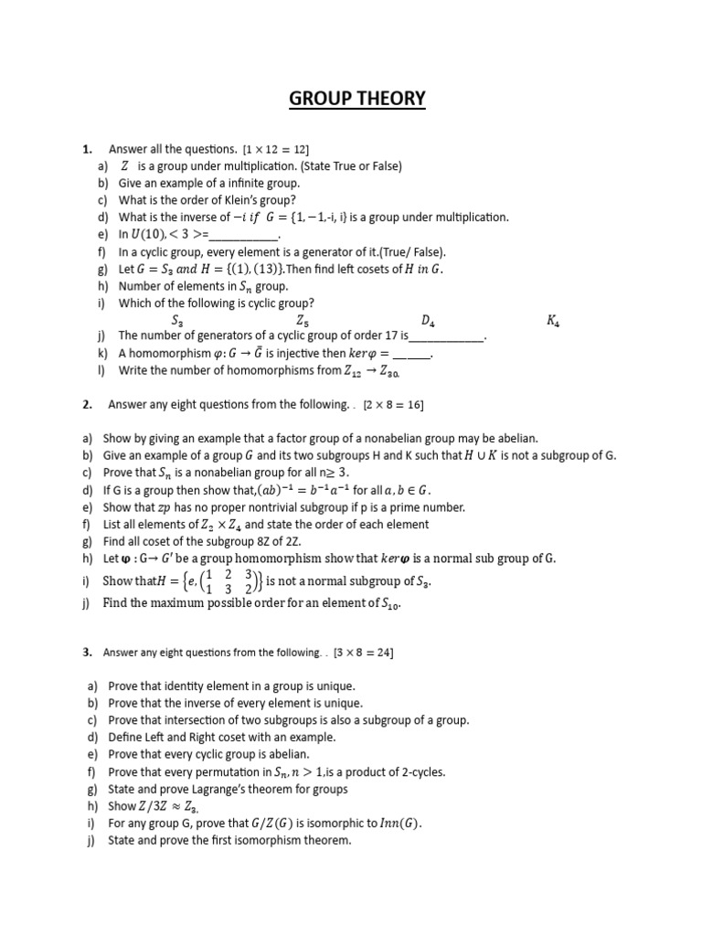 Group Theory Questions and Proofs | PDF | Group (Mathematics) | Group ...