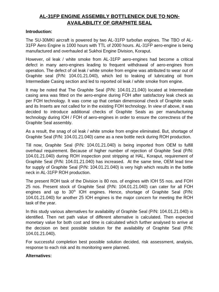 AL-31FP Engine Graphite Seal Shortage Solutions | PDF