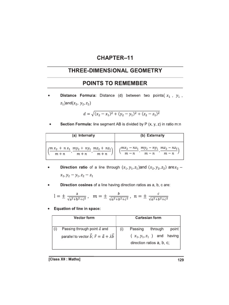 CBSE Class 12 Maths Three Dimensional Geometry Notes Question Bank ...