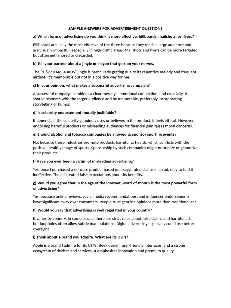 Advertisement Questions and Answers Guide | PDF