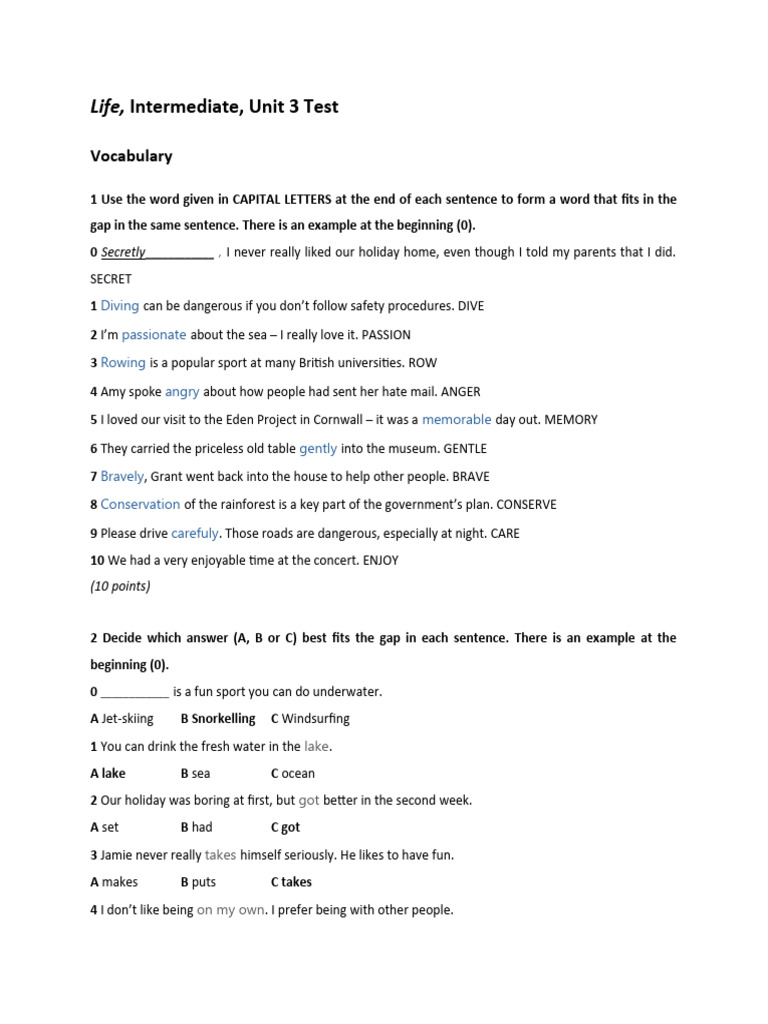 Life 2e - Intermediate - Unit 3 Test - Word - Respondido | PDF | Ships