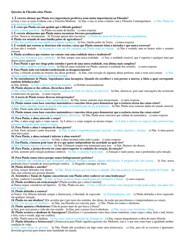 Questões sobre Platão na Filosofia | PDF | Platão | Idealismo