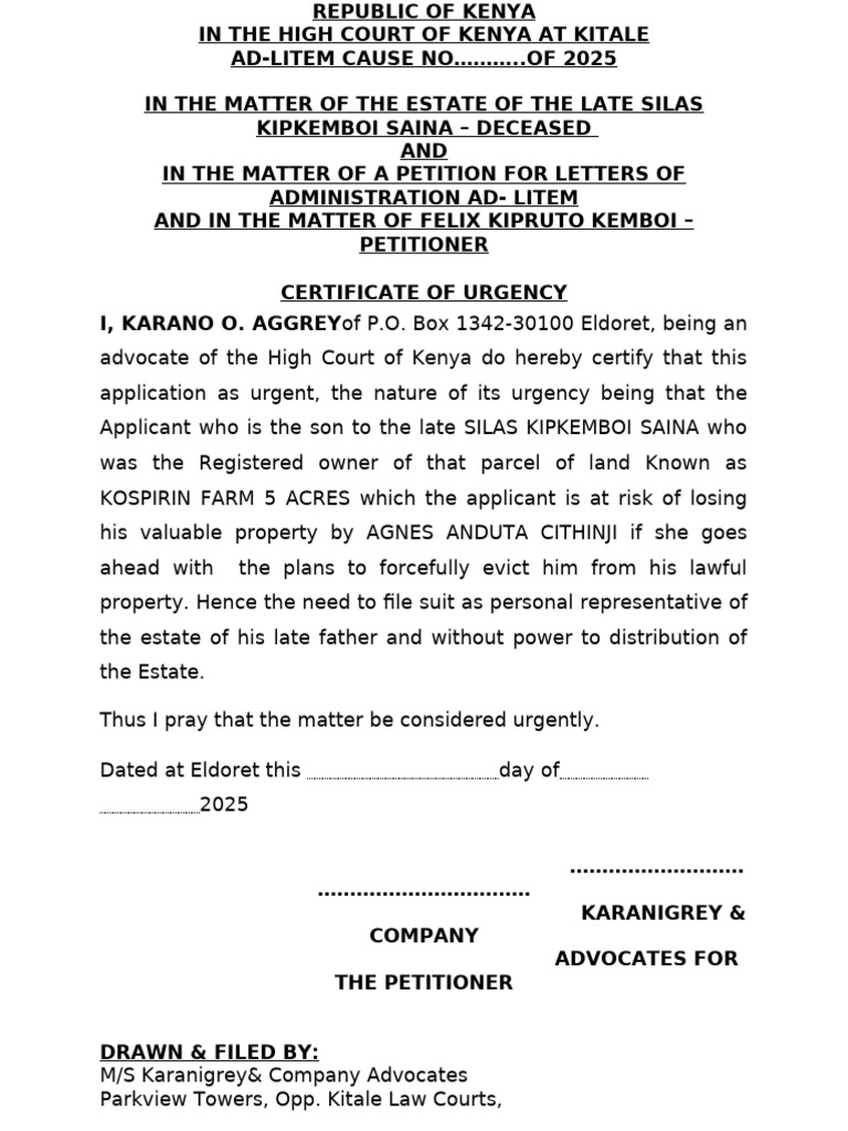 Petition for Letters of Administration Ad-Litem | PDF | Justice | Crime ...