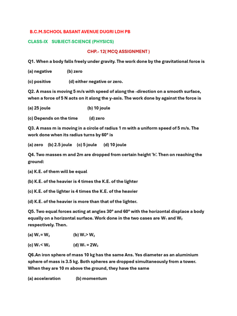 Class IX Physics MCQ Assignment | PDF | Force | Quantity