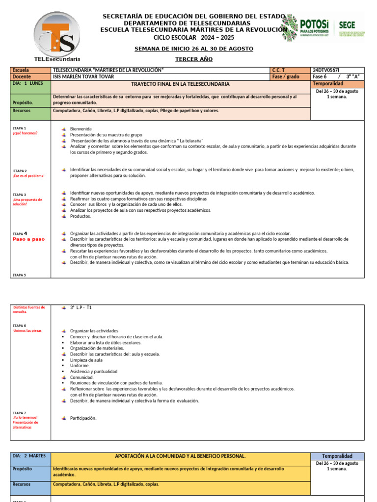 Plan de Actividades Telesecundaria 2024-2025 | PDF | Salón de clases ...