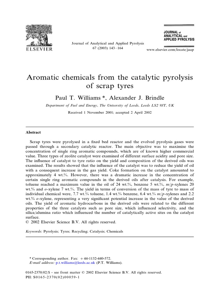 Catalytic Pyrolysis of Scrap Tyres for Aromatics | PDF | Gas ...