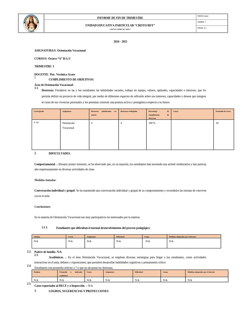INFORME I TRIMESTRE ASIGNATURA Orientación Vocacional 8VO A | PDF ...