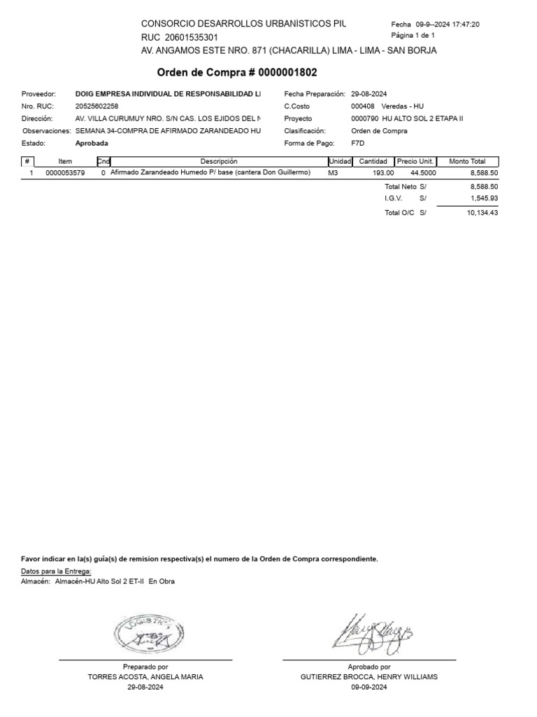 Orden de Compra 1802 DOIG EIRL - CONSORCIO | PDF
