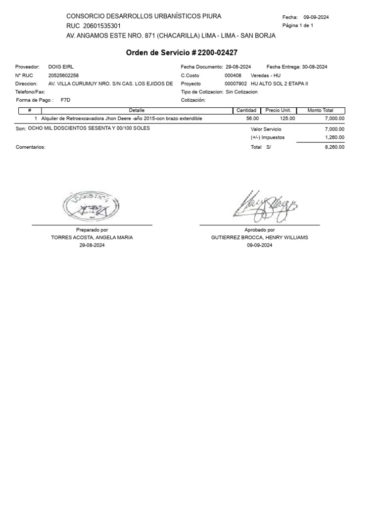 Orden de Servicio 2200-02427 DOIG EIRL - CONSORCIO | PDF