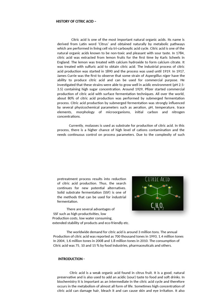 History and Production of Citric Acid | PDF | Aspergillus | Glucose