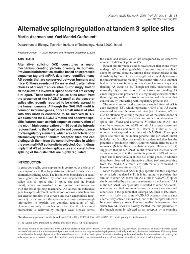 Regulation of Tandem 30 Splice Sites | PDF | Alternative Splicing | Rna ...