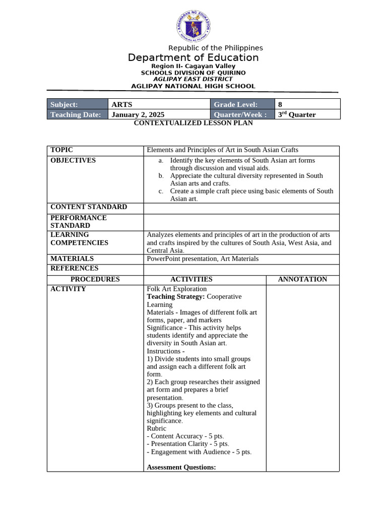 South Asian Art Elements Lesson Plan | PDF | Emotions | Learning