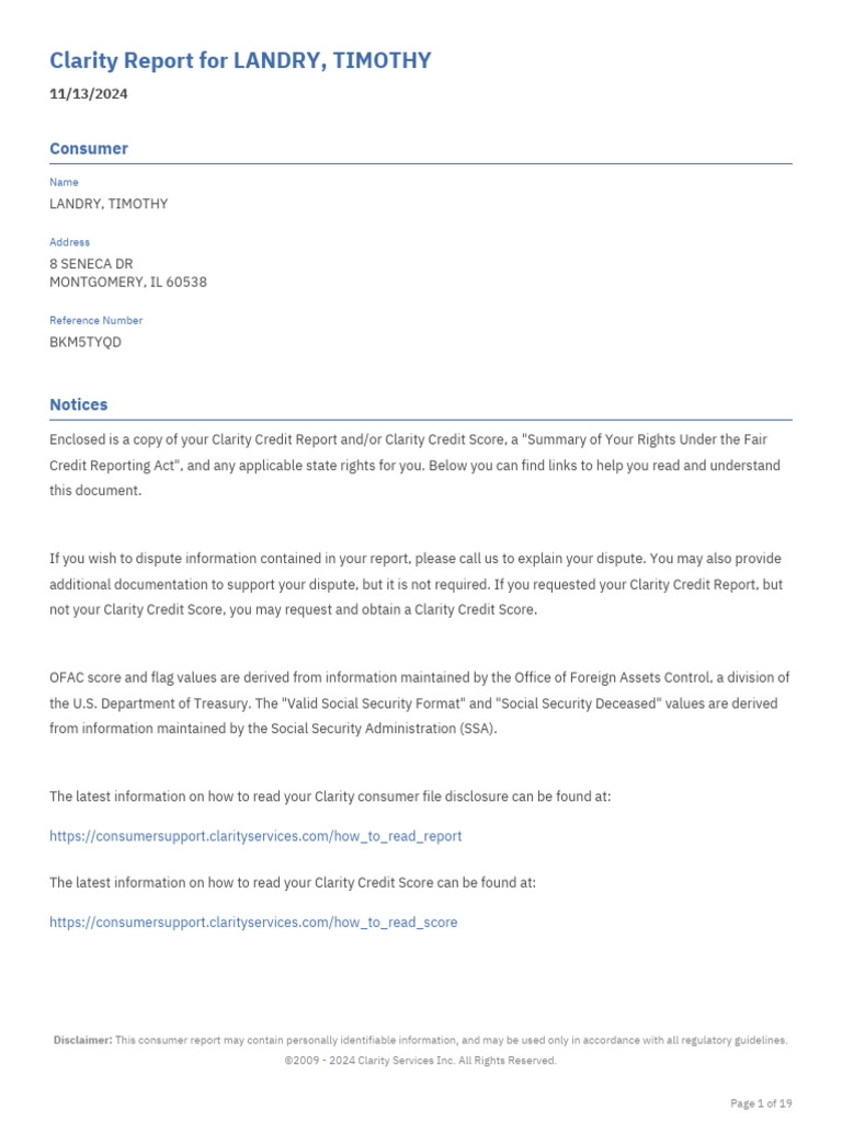 clarity_inquiry_#sf4gx70kgz | PDF | Credit Score | Credit History