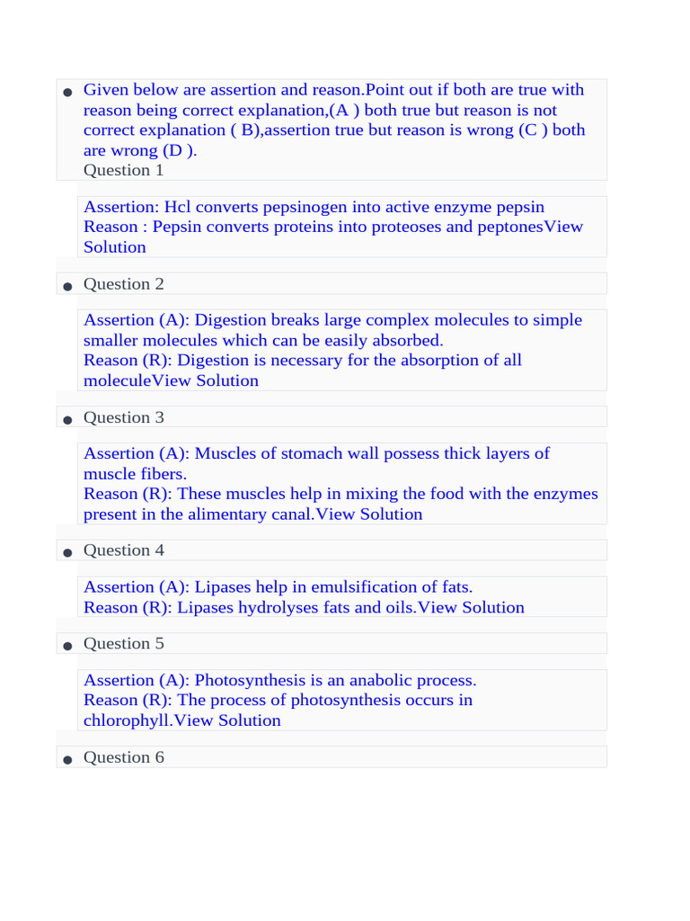 Assertion and Reason Questions on Life Processes | PDF | Cellular ...