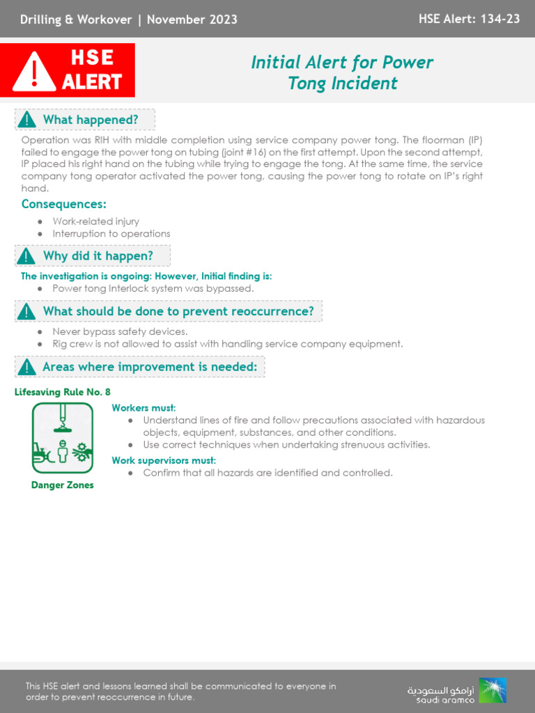 HSE Alert 134-23 - Initial Alert For Power Tong Incident | PDF