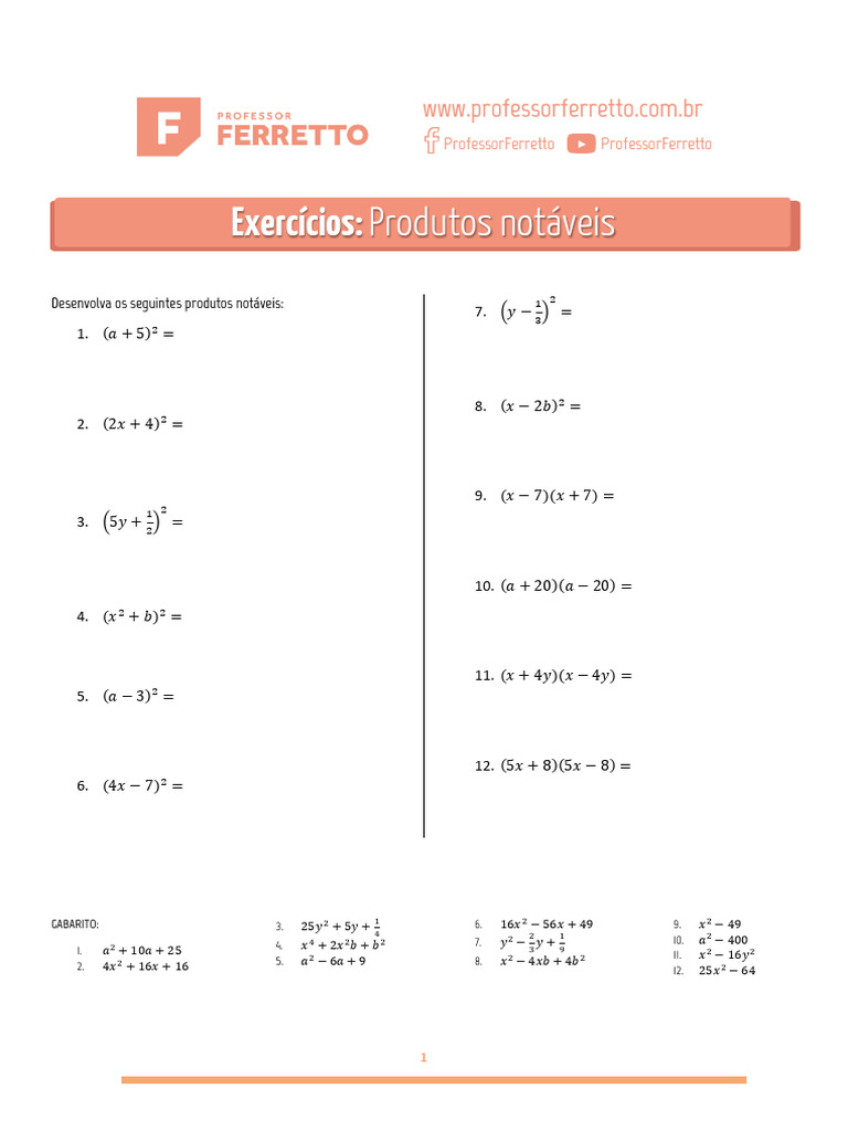 Produtos Notáveis - Exercicios | PDF
