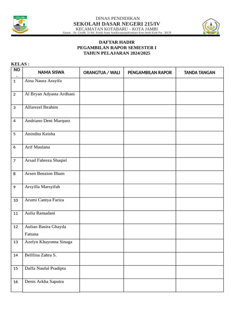 Daftar Hadir Pengambilan Rapor Nayla | PDF