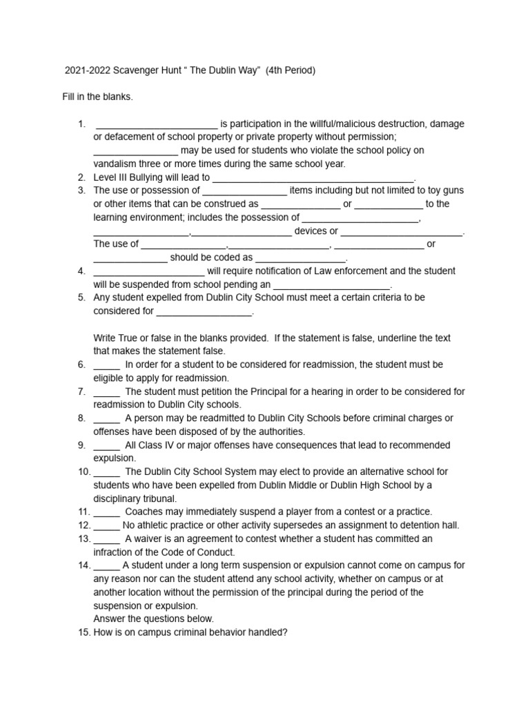 Copy of Copy of 2021-2022 Scavenger Hunt " The Dublin Way" (4th Period ...