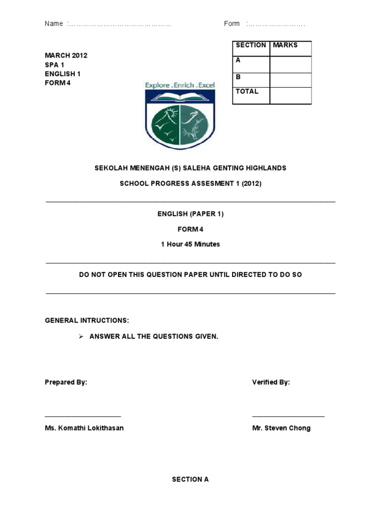 Form 4 English Exam Paper 1 Guide | PDF