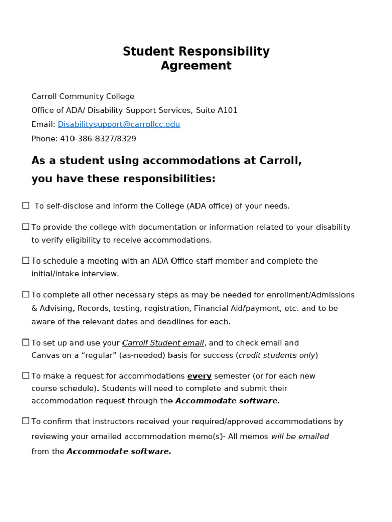 Student Responsibility Agreement Updated Accomodate 2023 | PDF ...