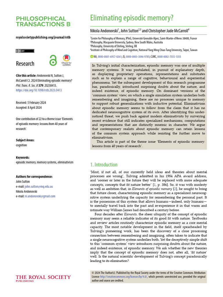 Challenging the Elimination of Episodic Memory | PDF | Memory | Recall ...