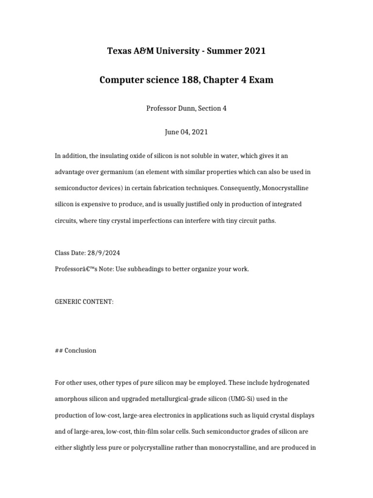 Computer Science 188 Chapter 4 Exam | PDF | Silicon | Materials Science